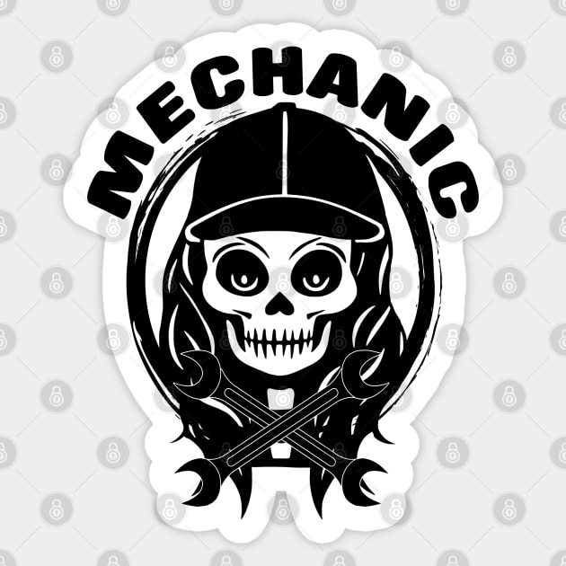 Female Mechanic Skull and Spanners Black Logo Sticker by Nuletto